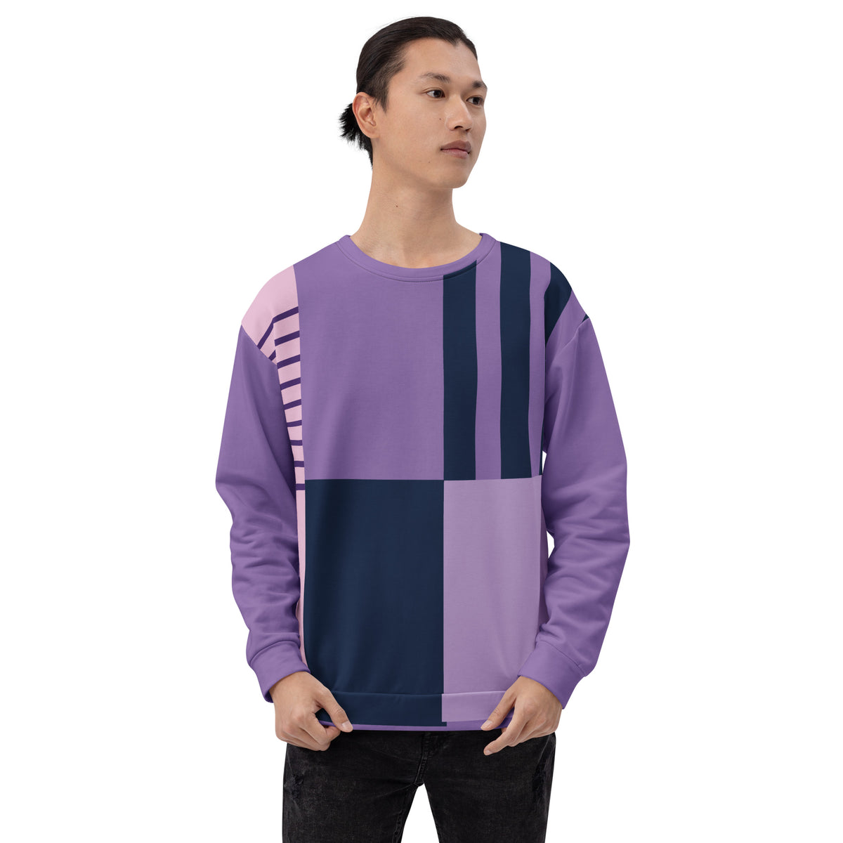 Purple unisex sweatshirt with geometric grid graphic in navy, gray, and lilac blocks