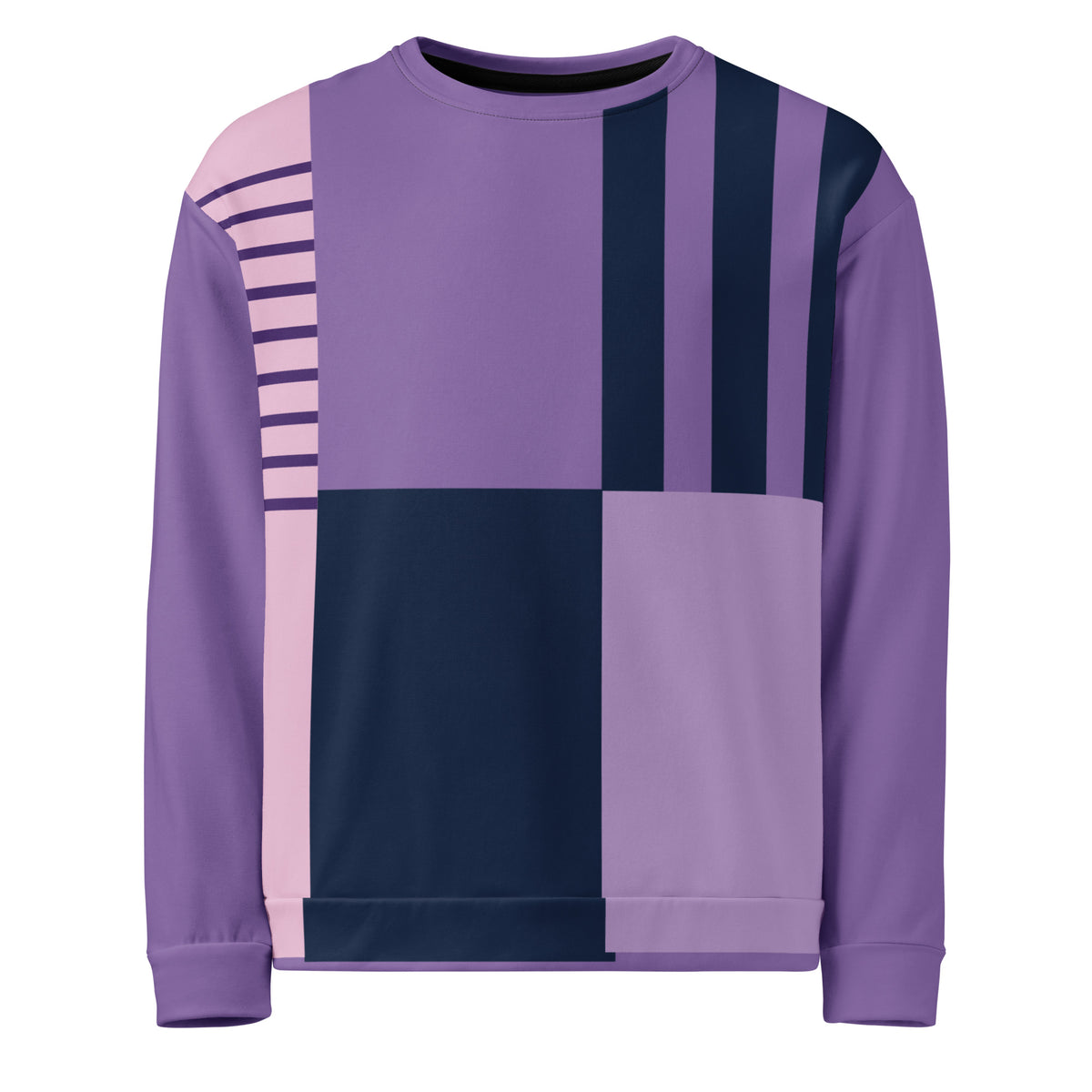 Purple unisex crewneck sweatshirt with abstract geometric panel graphic front
