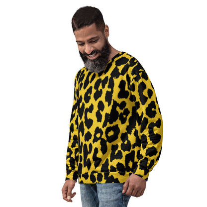 Leopard print sweatshirt on a man, yellow with dark spots, crew neck and long sleeves