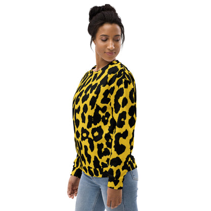 Leopard print unisex sweatshirt in yellow and black, crew neck, long sleeves