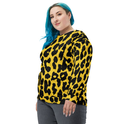 Leopard print unisex sweatshirt in yellow and black, crew neck, long sleeves