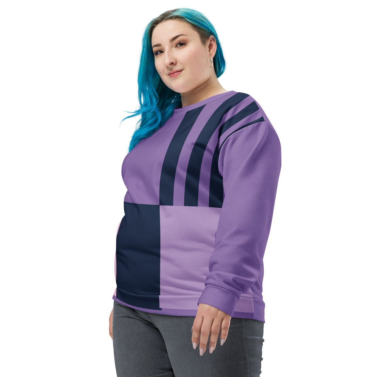 Unisex purple abstract panel sweatshirt with crew neck and long sleeves