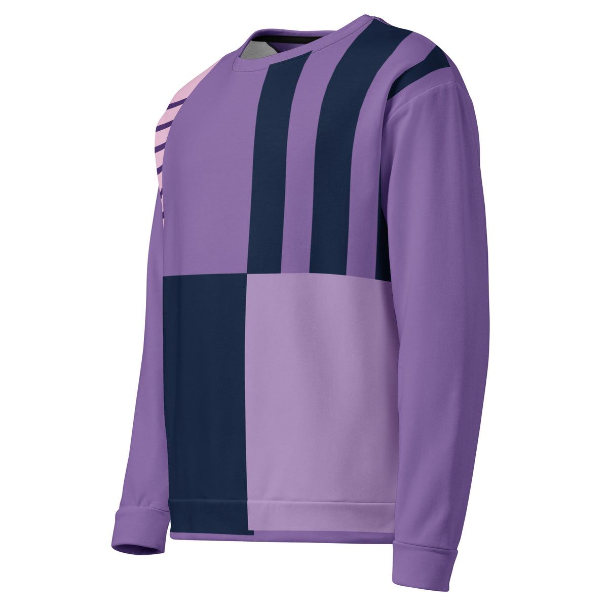 Unisex purple geometric graphic sweatshirt side view, crew neck, long sleeves