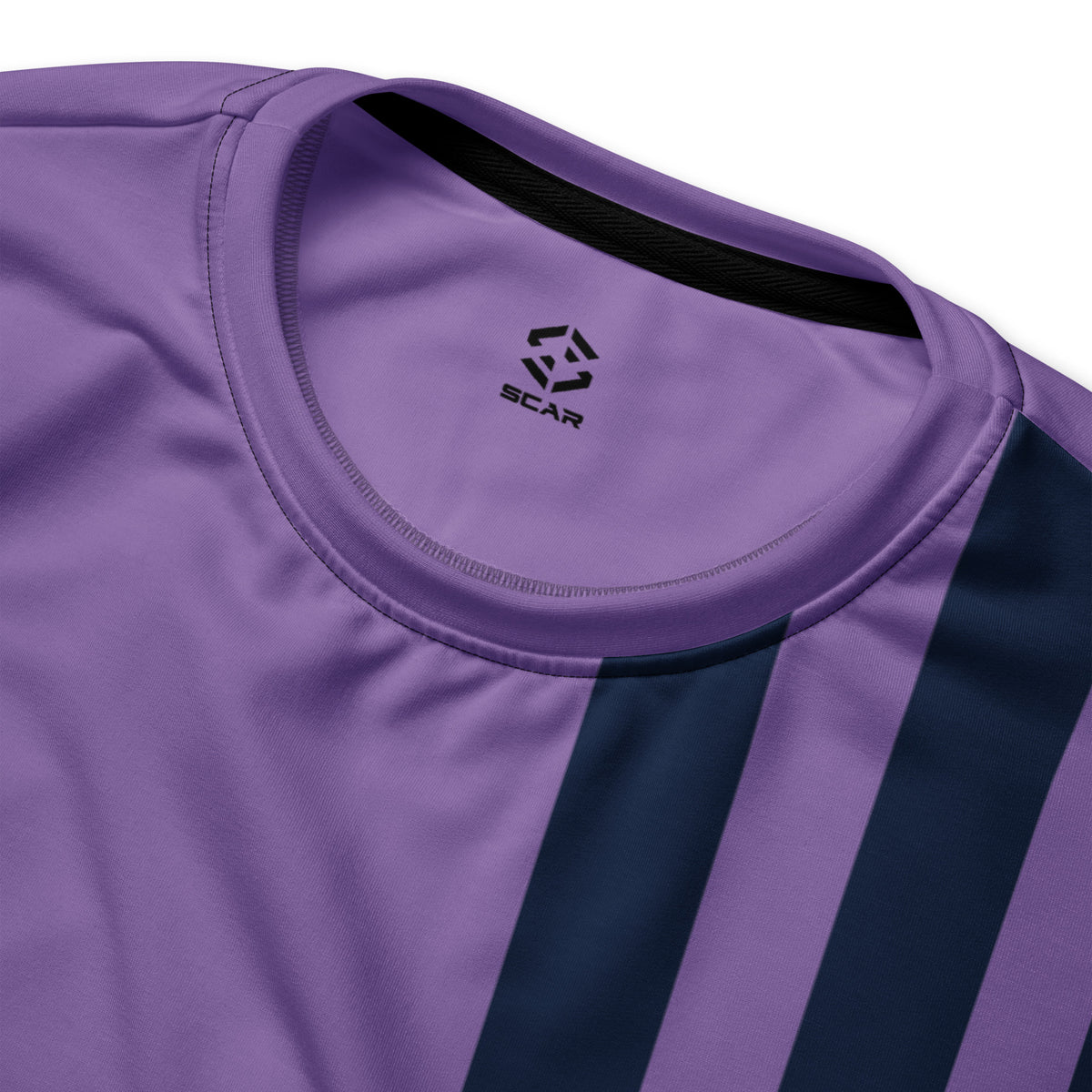 Purple sweatshirt neckline with small SCAR logo and striped geometric panel