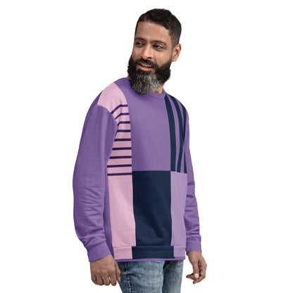 Unisex purple abstract patchwork sweatshirt with crew neck and long sleeves