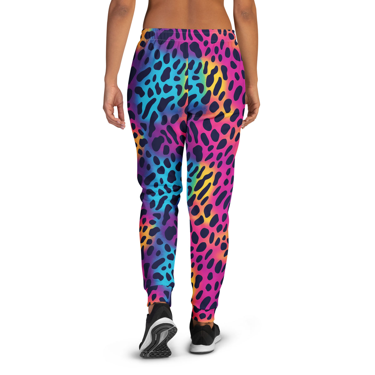 Women’s rainbow leopard print joggers with elastic waistband and tapered leg openings.