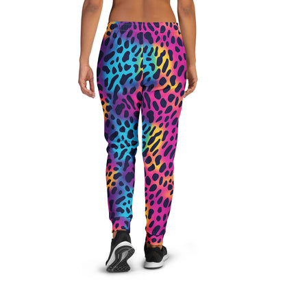 Women’s rainbow leopard print joggers with elastic waistband and tapered leg openings.