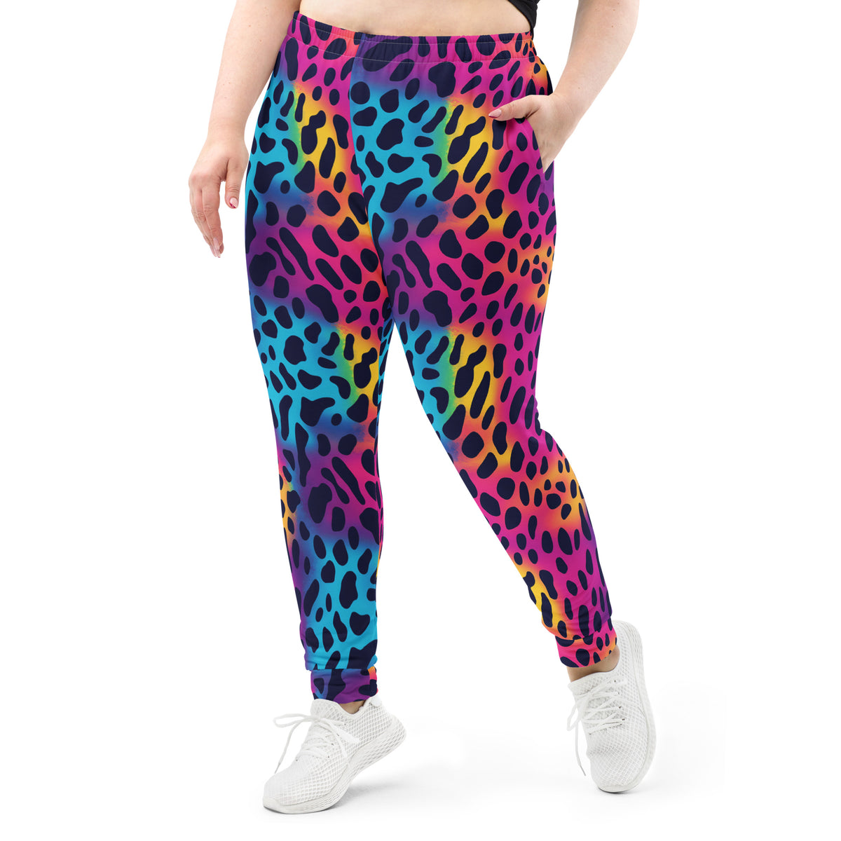 Women’s rainbow leopard print joggers with elastic waistband and tapered ankle cuffs.