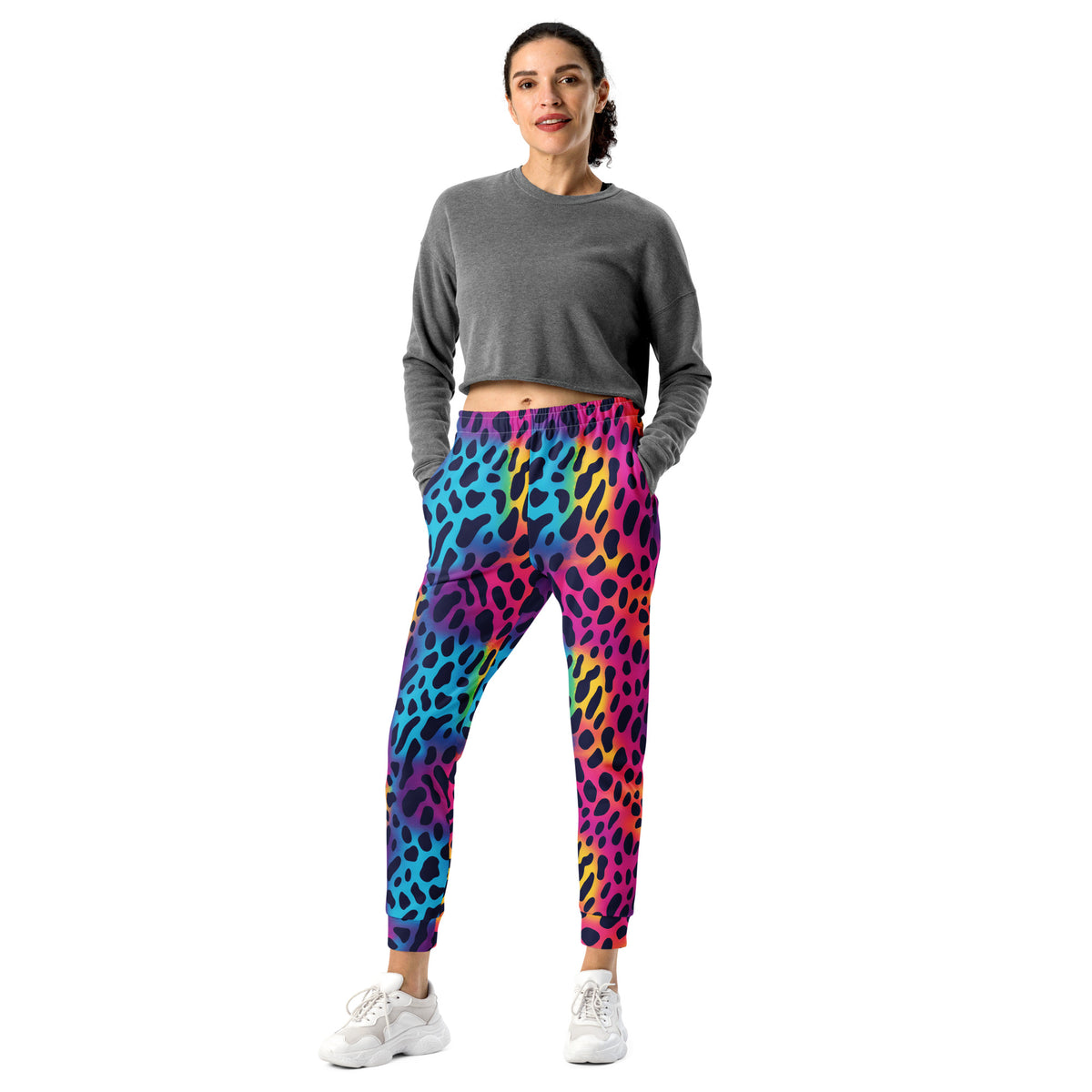 Women’s rainbow leopard print joggers with elastic waistband and tapered legs.