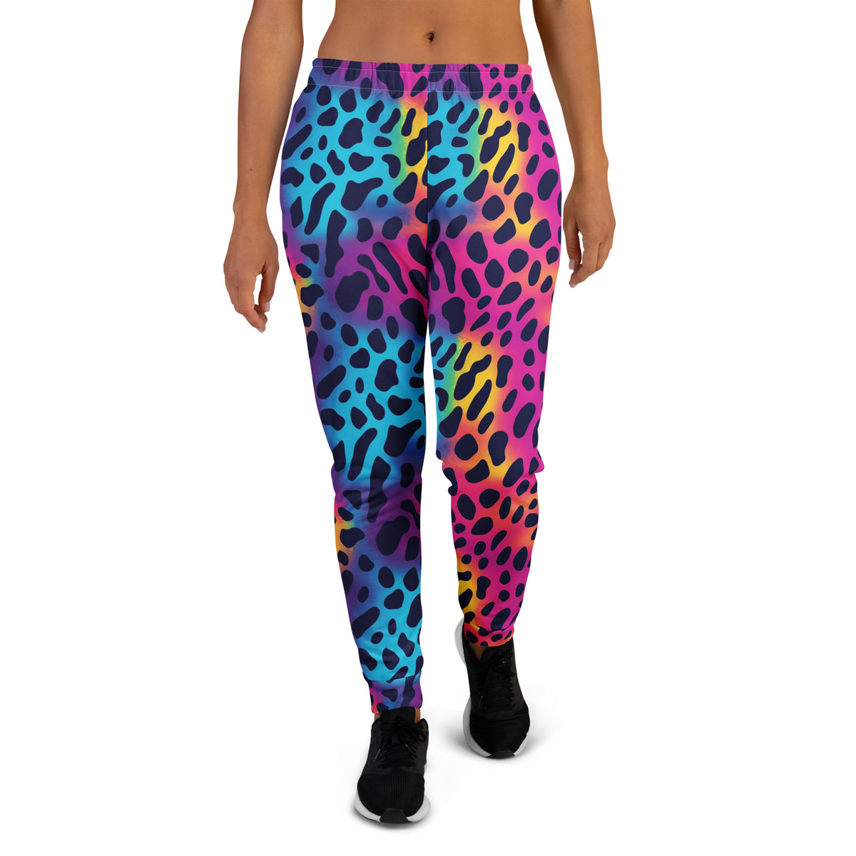 Women’s joggers with rainbow leopard print, elastic waistband and tapered ankle cuffs.