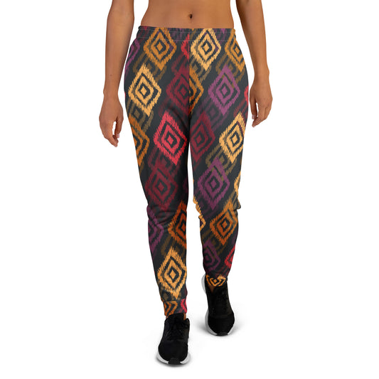 Women’s joggers with dark geometric diamond print and elastic waistband, tapered legs