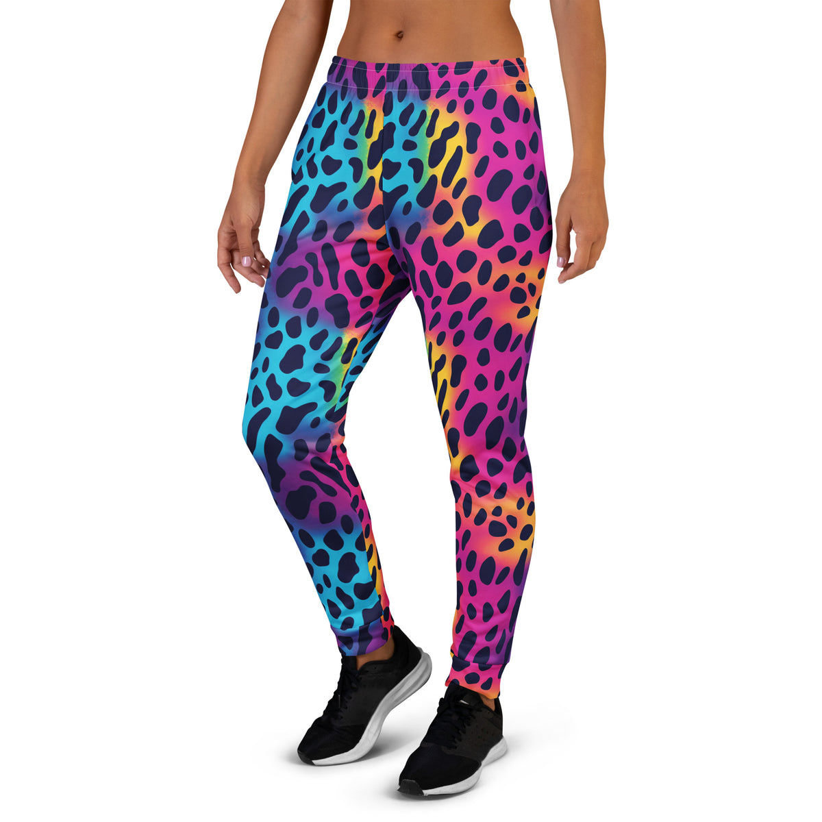 Women’s joggers with rainbow leopard print, elastic waistband and tapered ankle cuffs.