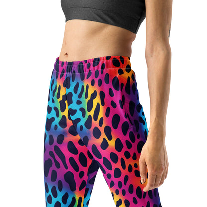 Women’s joggers with rainbow leopard print, elastic waistband and relaxed straight legs.