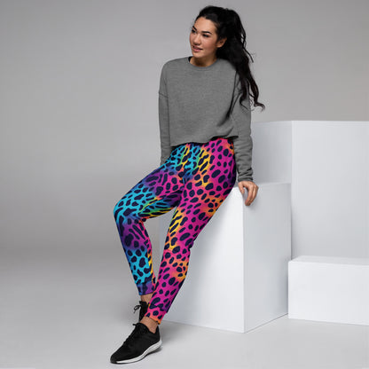Women’s leopard print joggers in rainbow colors, tapered fit with elastic waistband.