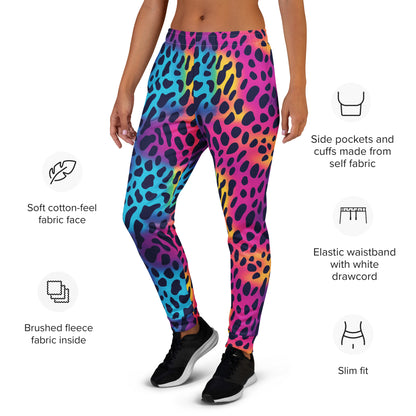 Women's joggers with rainbow leopard print, elastic waistband and white drawcord, side pockets.
