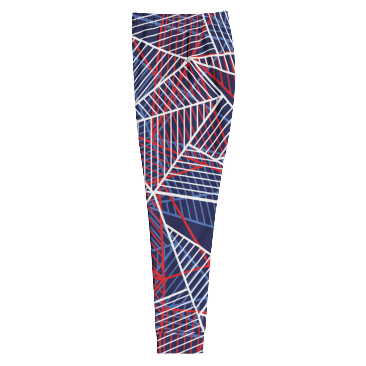 Women’s navy jogger leg with abstract red and white geometric line print.