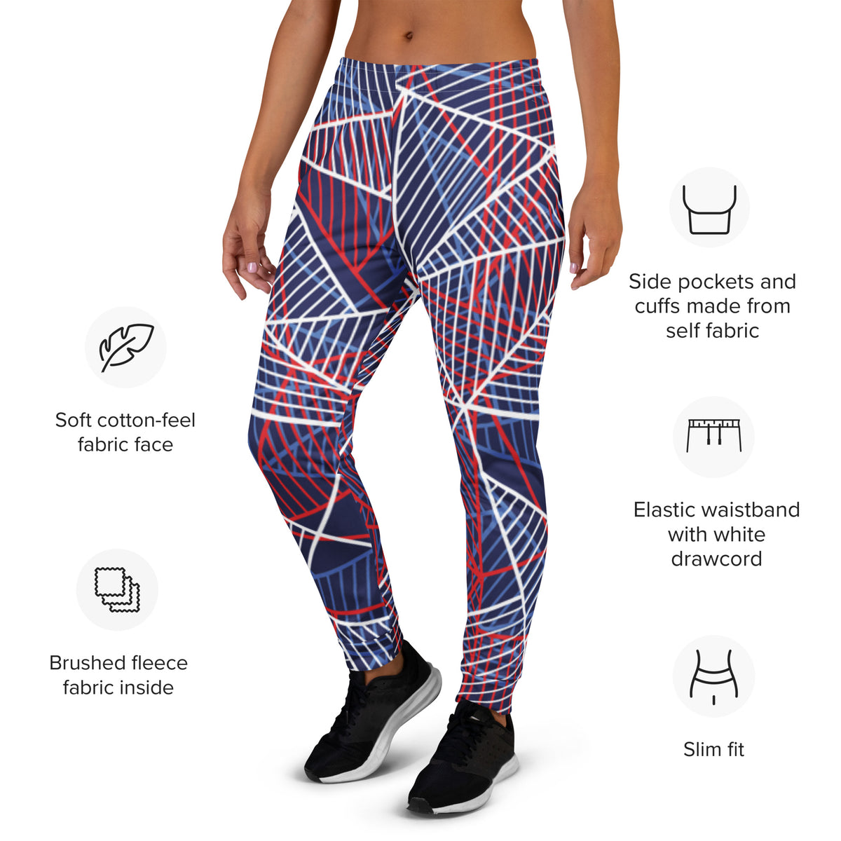 Women’s joggers with geometric line print, elastic waistband and white drawcord, side pockets
