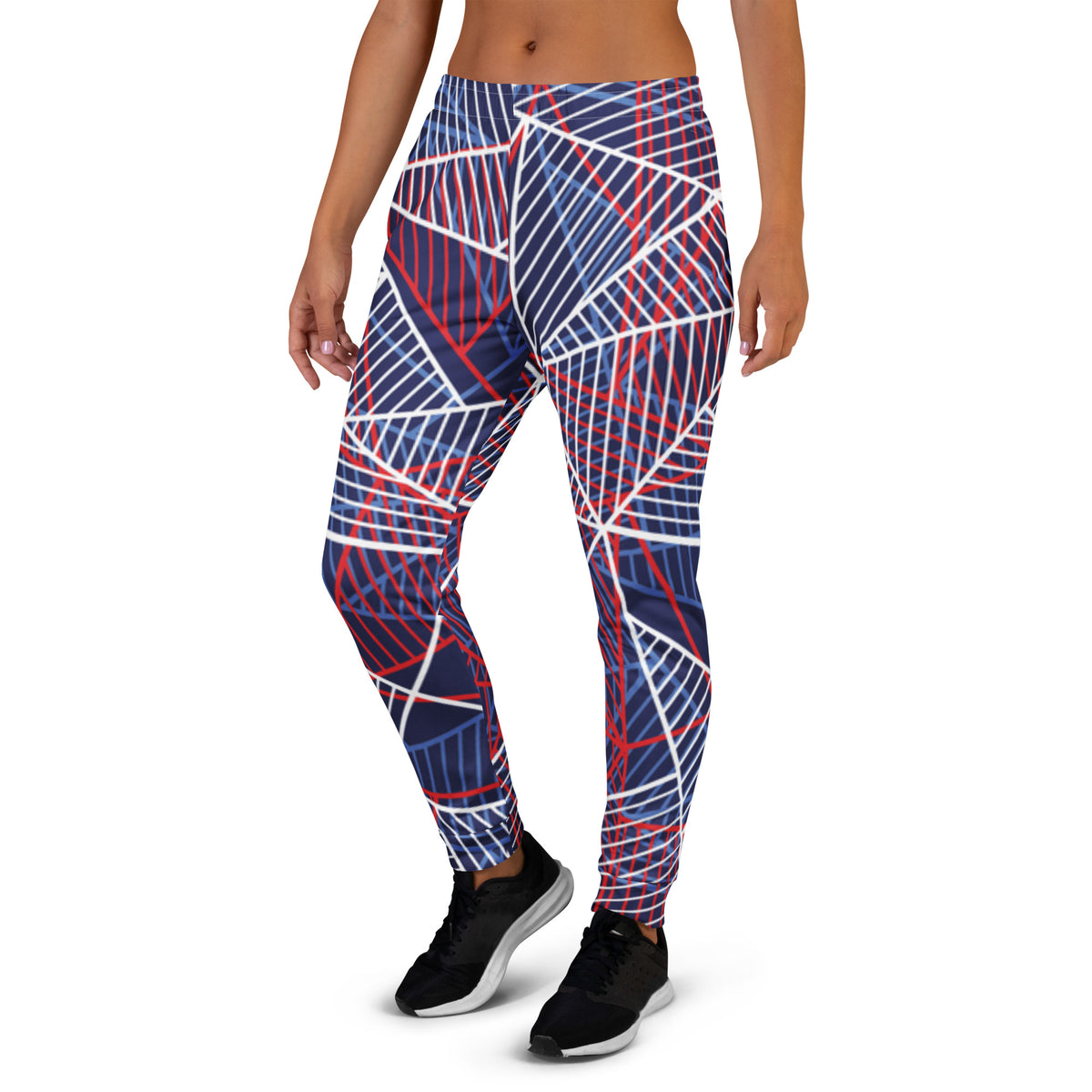 Women’s joggers with bold geometric line print, navy with red and white stripes