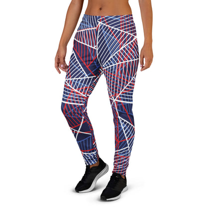Women’s joggers with bold geometric line print, navy with red and white stripes