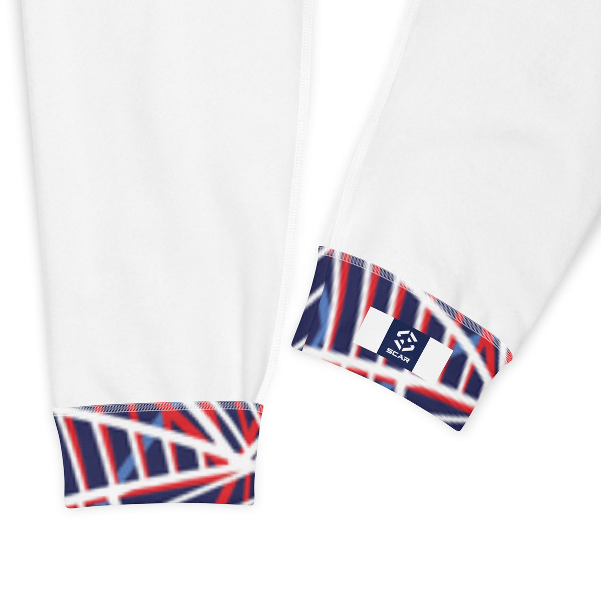 Women’s jogger hem and cuffs with navy, red, and white geometric line print