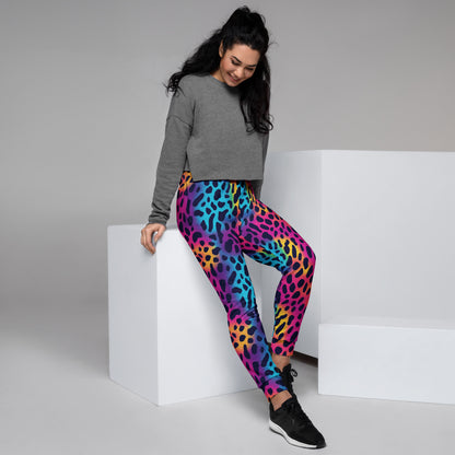 Women’s rainbow leopard print joggers, tapered legs and elastic waistband.