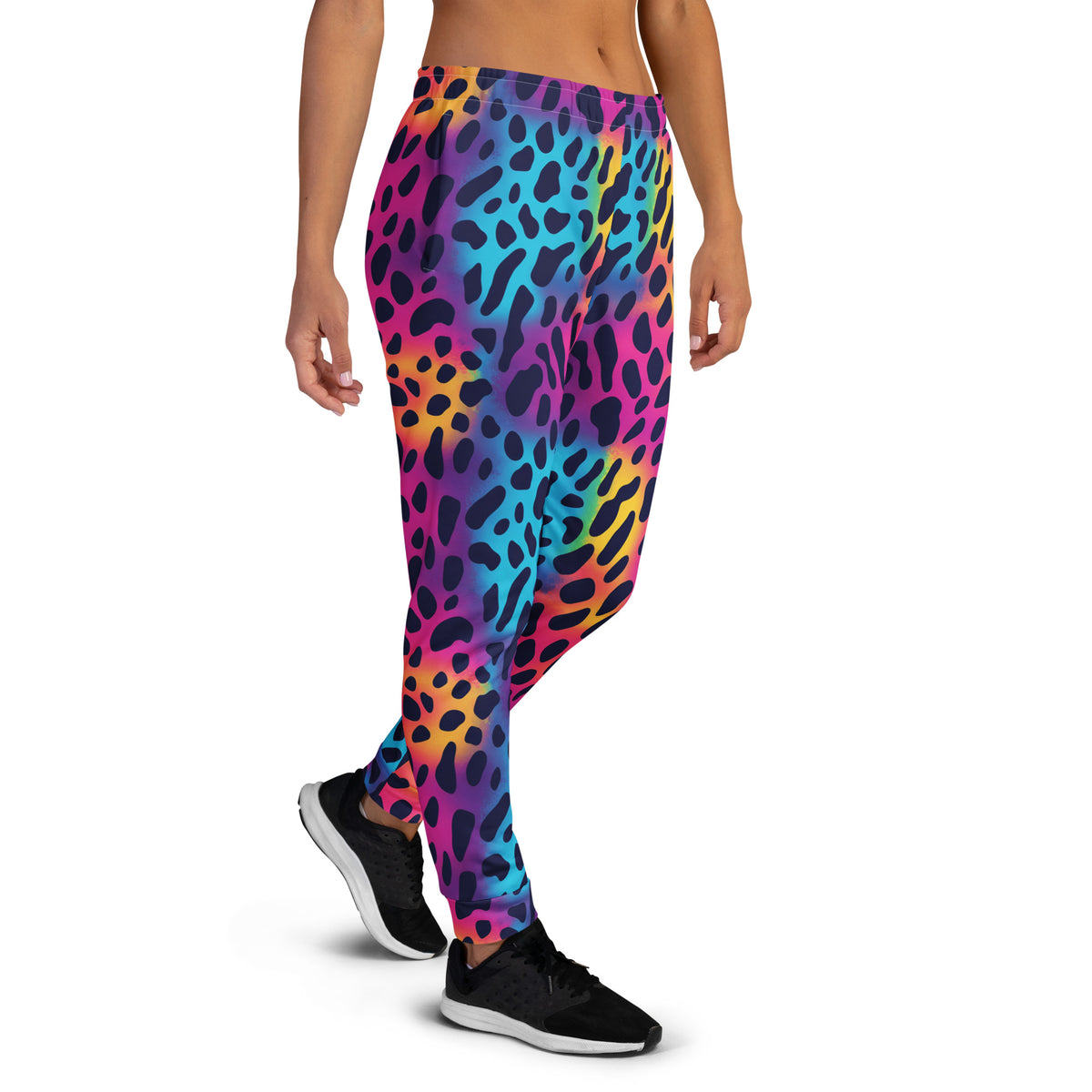 Women’s rainbow leopard print joggers, tapered fit with elastic waistband and cuffs.