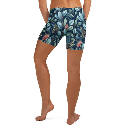 Botanic Garden shorts front view, teal and green leaf pattern with red flowers