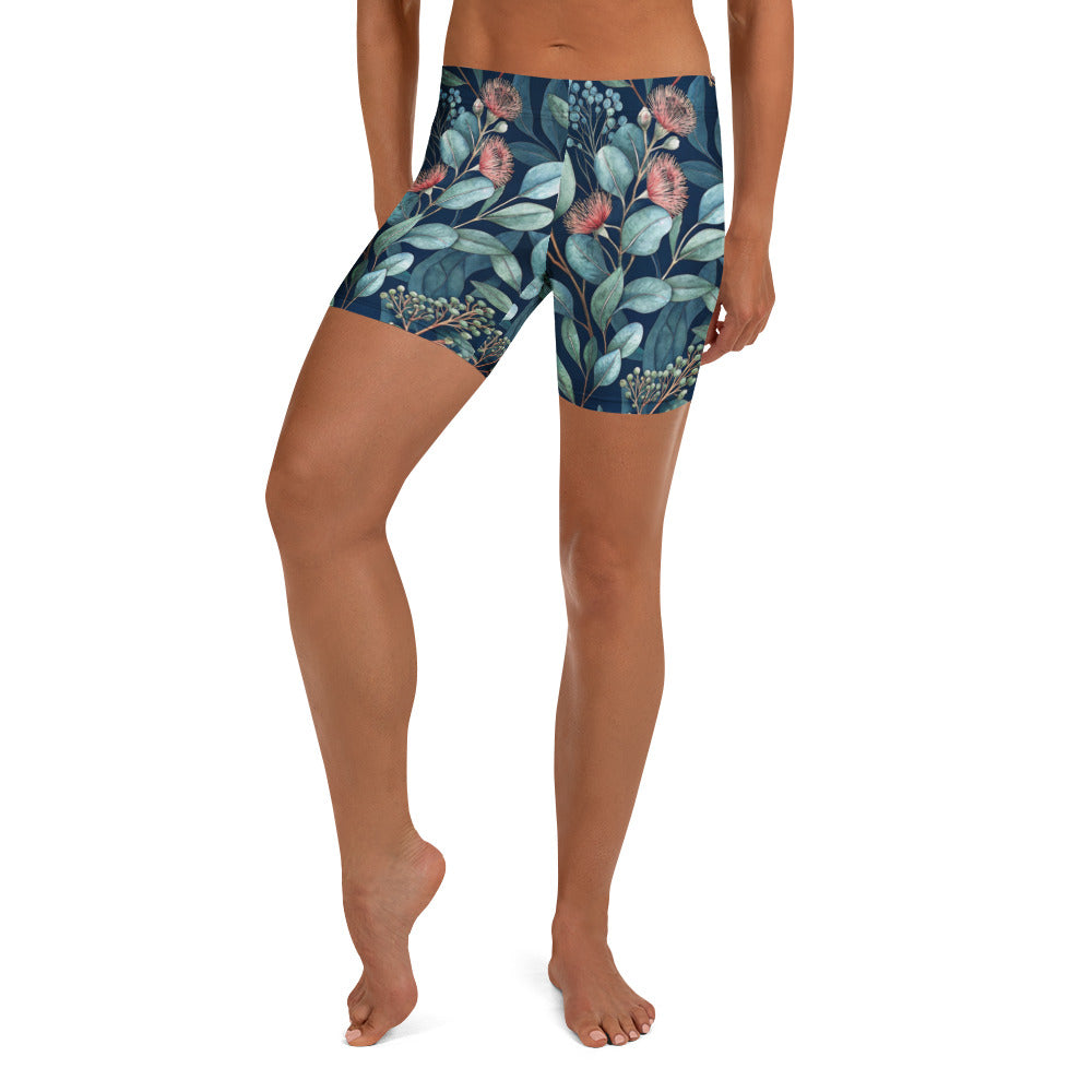 Botanic Garden shorts in teal blue floral print with mid-rise waistband