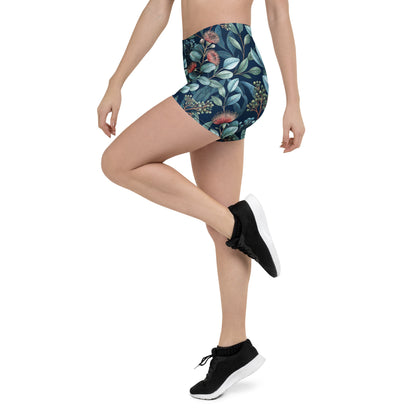 Botanic Garden shorts angled view, teal leaf and red flower botanical print