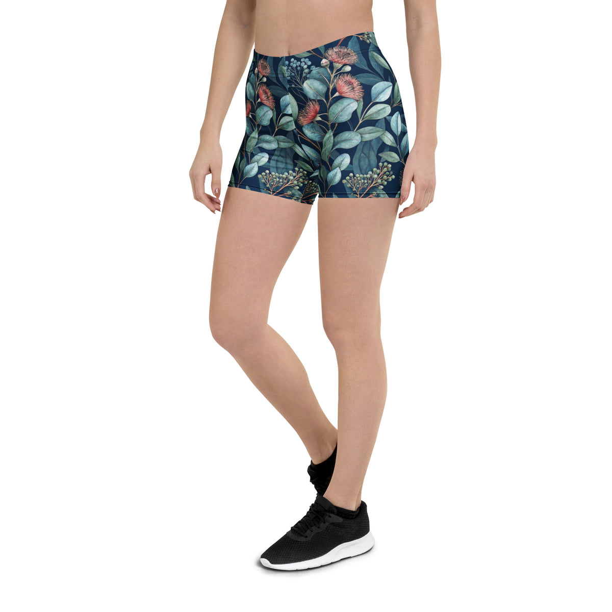 Botanic Garden shorts rear view, teal botanical print with leaves and red blooms