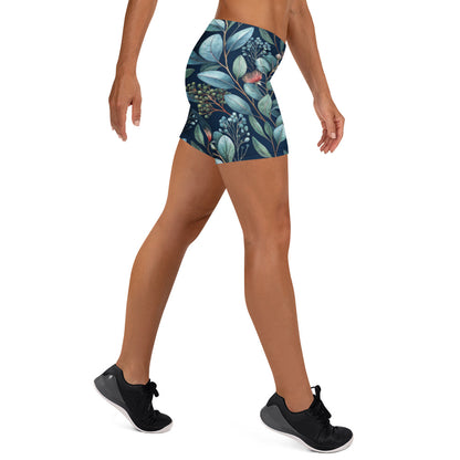 Botanic Garden shorts side view, teal botanical print with mid-rise waistband
