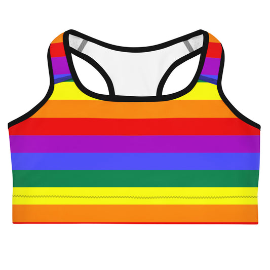 Rainbow-striped sports bra with black racerback trim and wide armhole openings