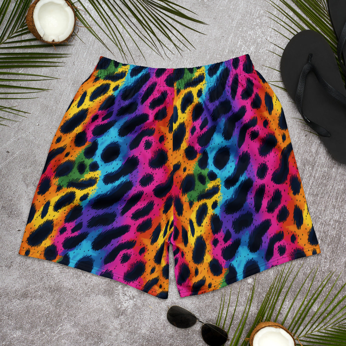 Rainbow leopard-print athletic long shorts, side seam and hem visible