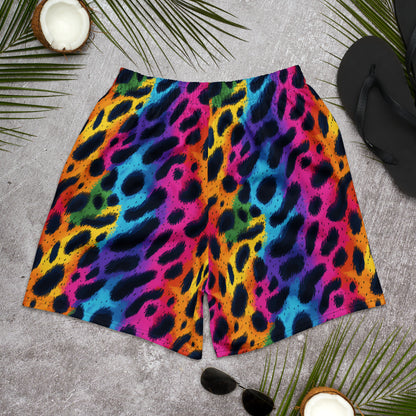 Rainbow leopard-print athletic long shorts, side seam and hem visible