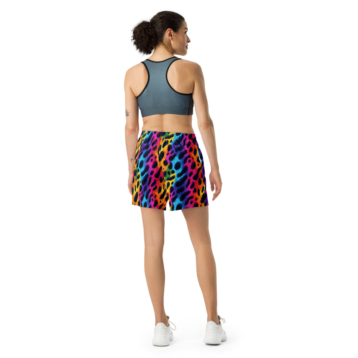 Multicolor leopard-print athletic long shorts, back view