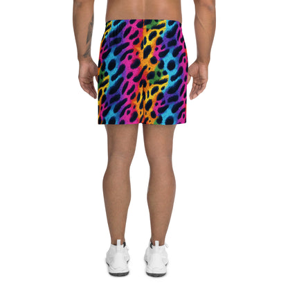 Rainbow leopard-print athletic long shorts with bright multicolor pattern and elastic waistband