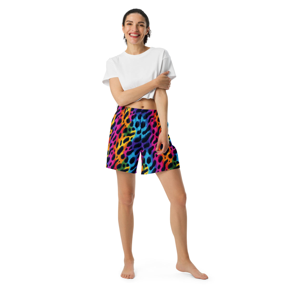 Multicolor leopard-print athletic long shorts with elastic waistband, relaxed fit