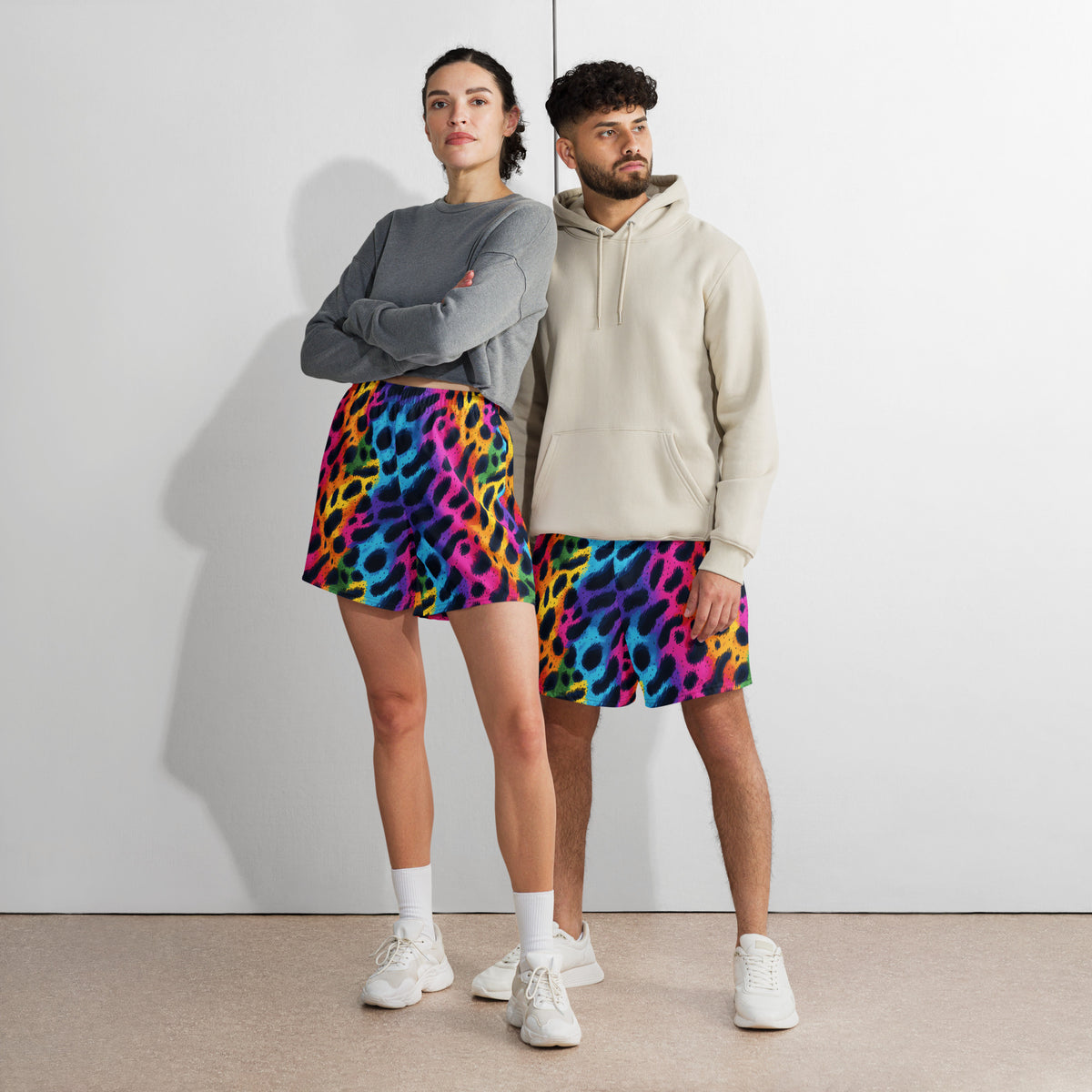 Multicolor leopard-print athletic long shorts, mid-thigh length