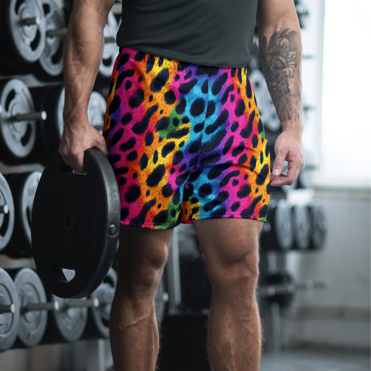 Multicolor leopard-print athletic long shorts with elastic waistband