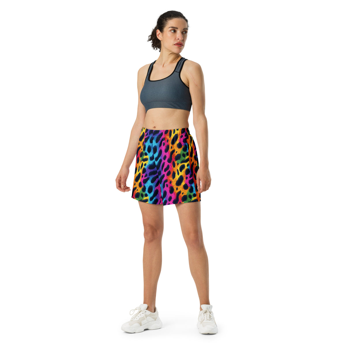 Multicolor leopard-print athletic long shorts with elastic waistband and straight hem