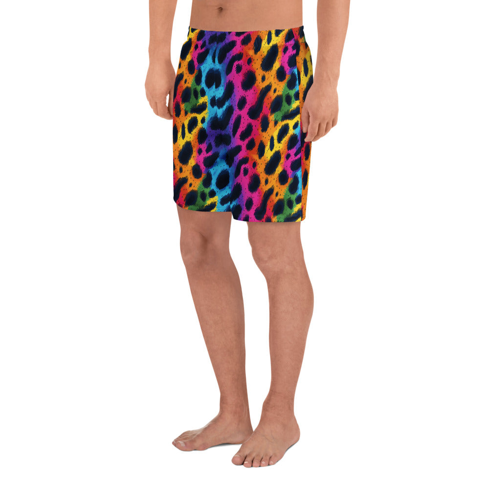 Multicolor leopard-print athletic long shorts with elastic waistband, side view