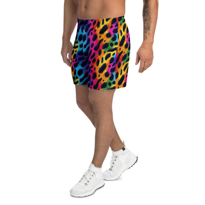 Rainbow leopard-print athletic long shorts with bright multicolor and elastic waistband