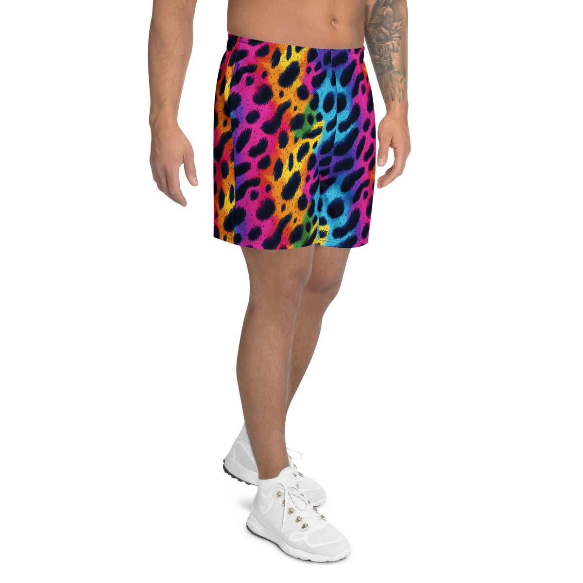 Multicolor leopard-print athletic long shorts with elastic waistband and straight hem