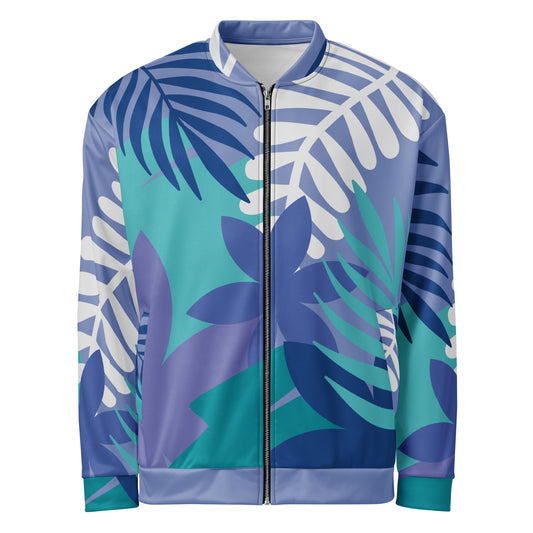 Bomber jacket with all-over teal, purple, and white leaf print, front zip and ribbed trim