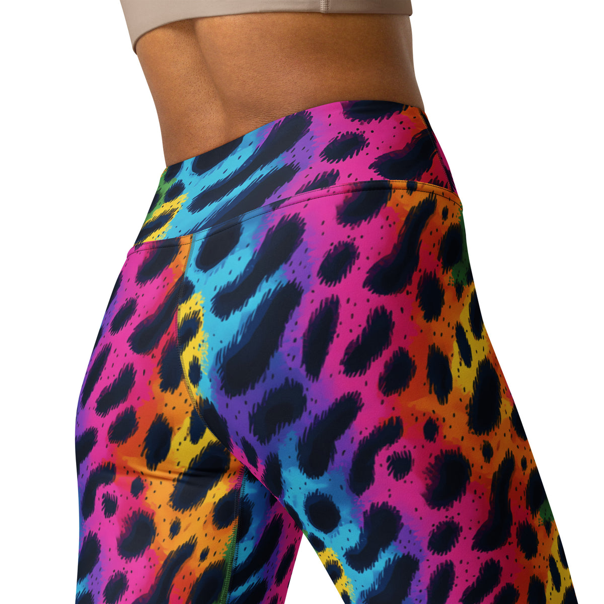 Rainbow leopard print yoga leggings with high waistband, multicolor abstract animal pattern