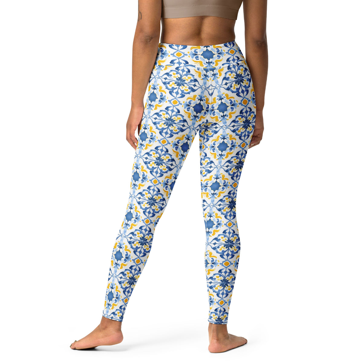 Floral yoga leggings with blue and yellow tile pattern, ankle length