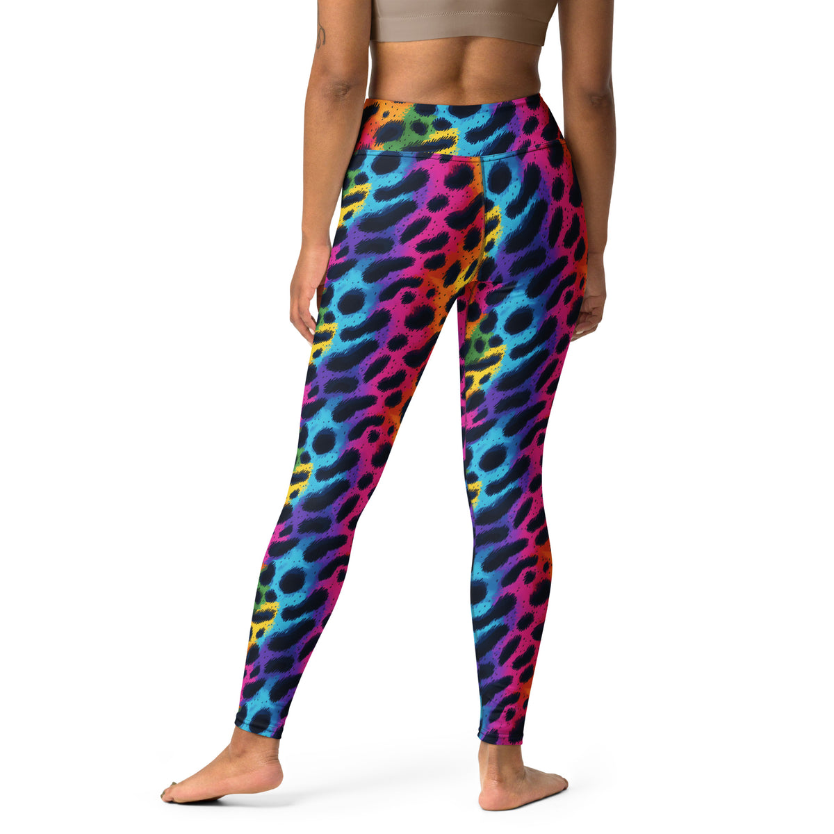 Rainbow leopard print yoga leggings, front view with high-rise waistband and full length.