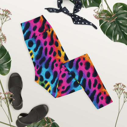 Rainbow leopard print leggings folded, flat lay showing colorful all-over pattern.