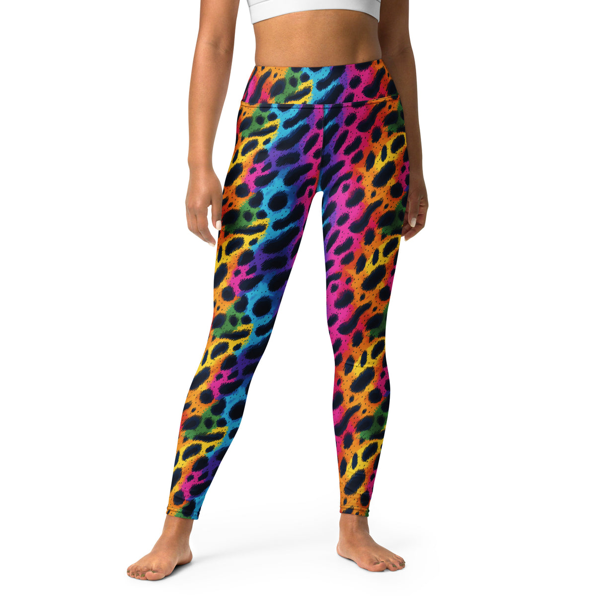 Rainbow leopard print yoga leggings with colorful all-over pattern, full-length skinny fit.