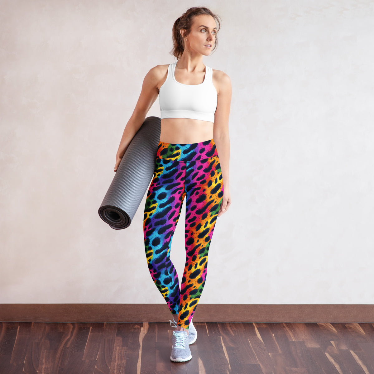 Rainbow leopard print yoga leggings with colorful pattern, full-length slim leg style.
